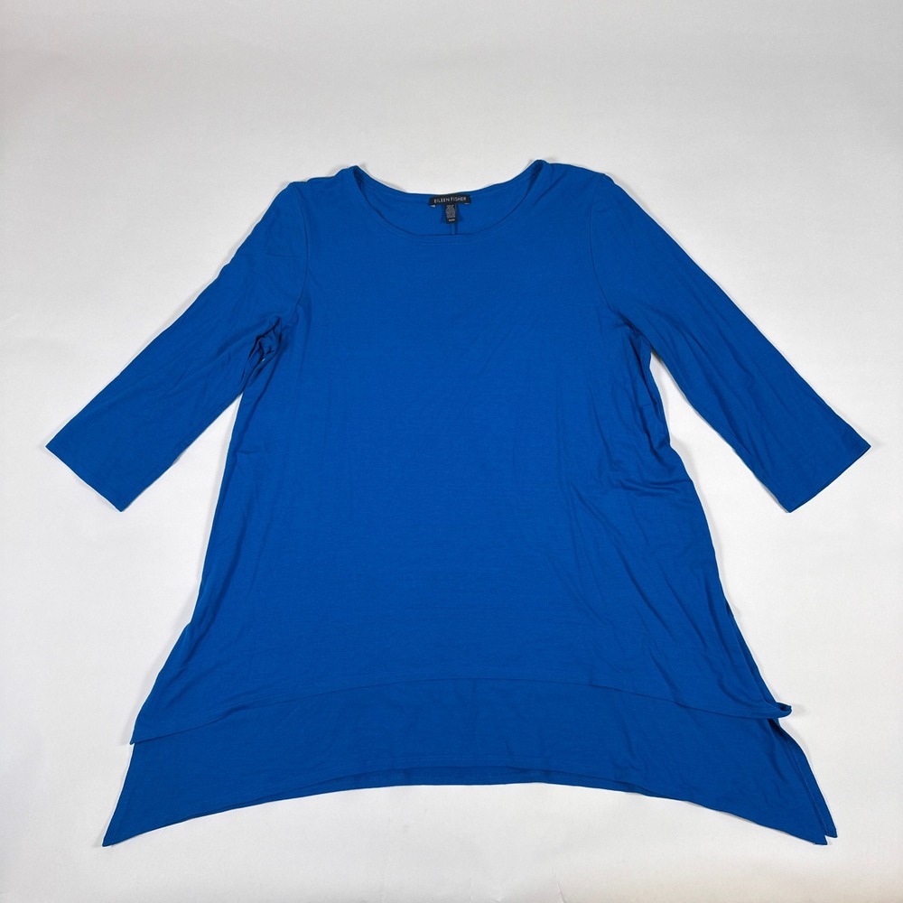 Eileen Fisher Top Womens Medium Blue 3/4 Sleeve Tunic Sharkbite Hem Coastal Chic